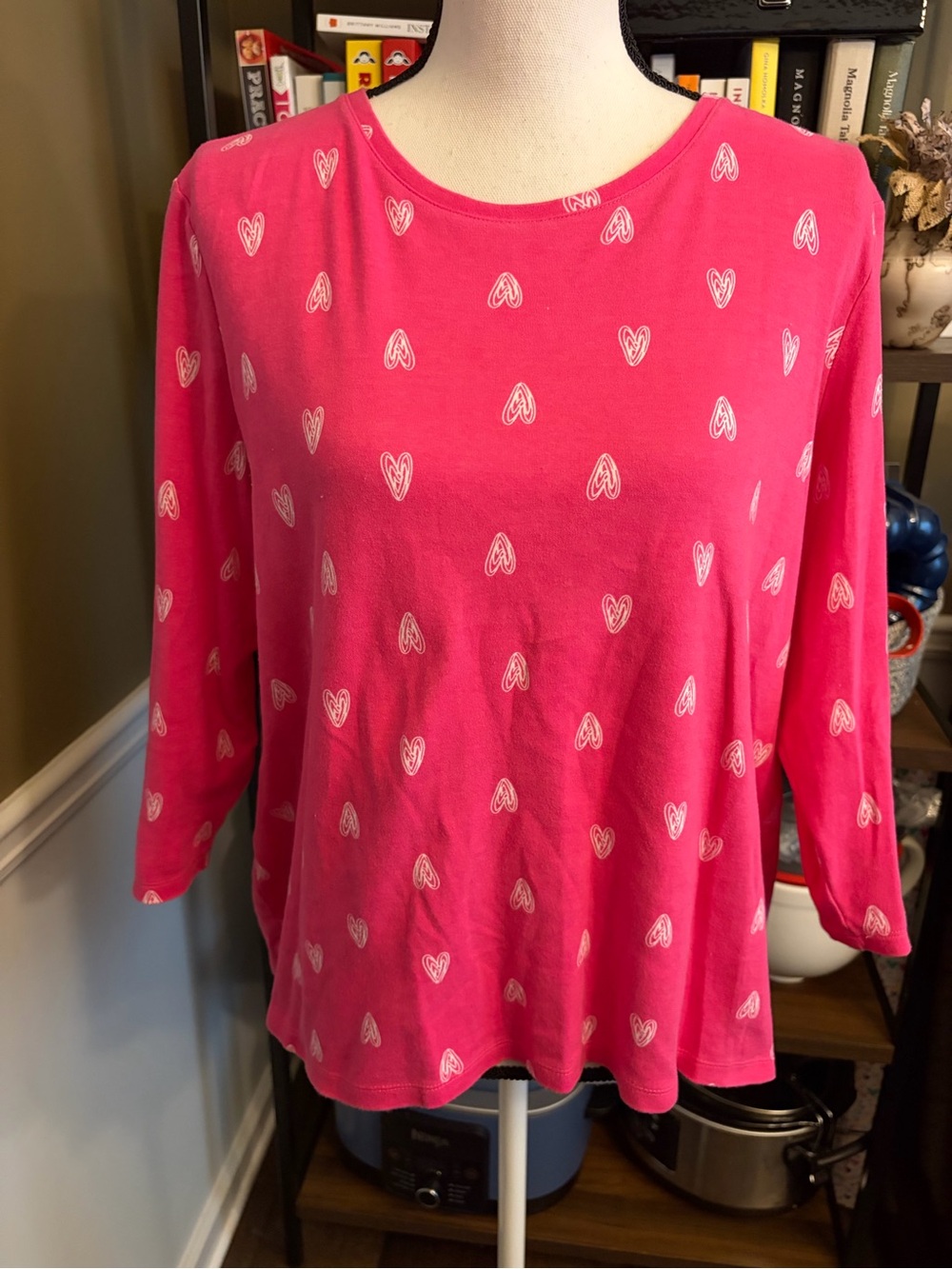 Kim Rogers Hot Pink Long Sleeve Top with White Heart Print